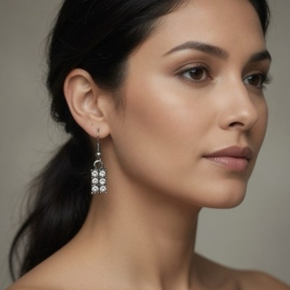 Vintage Silver Tone Clear Rhinestone Rectangle Dangle Drop Earrings 1.5" VG